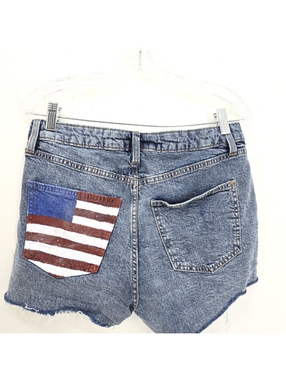 Women's Acid Wash American Flag Pocket Distressed Cut off Denim Jean Shorts 6